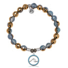 Blue Gold Agate Gemstone Bracelet with Serenity Wave Sterling Silver Charm