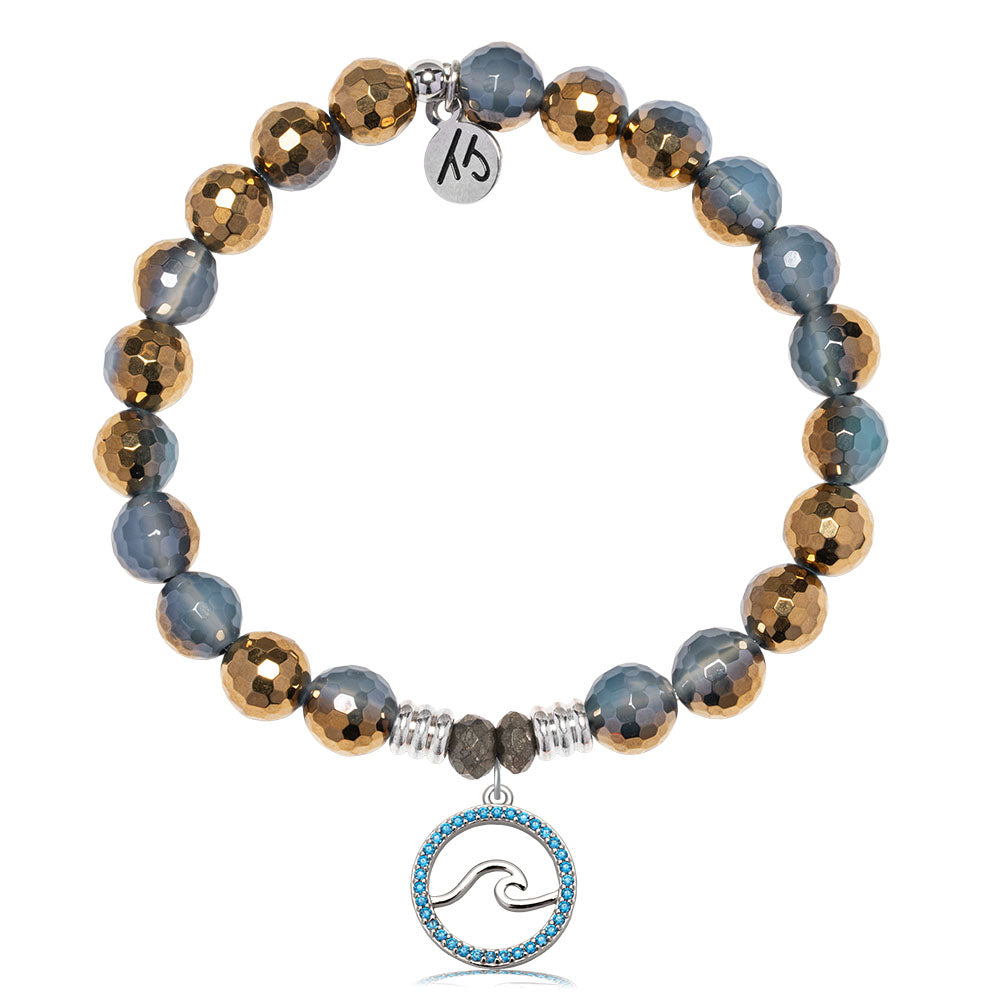Blue Gold Agate Gemstone Bracelet with Serenity Wave Sterling Silver Charm