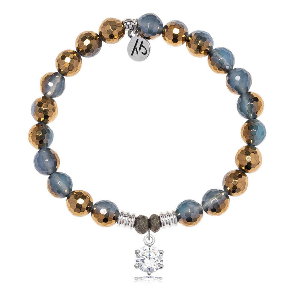 Blue Gold Agate Gemstone Bracelet with Shine Like a Diamond Sterling Silver Charm