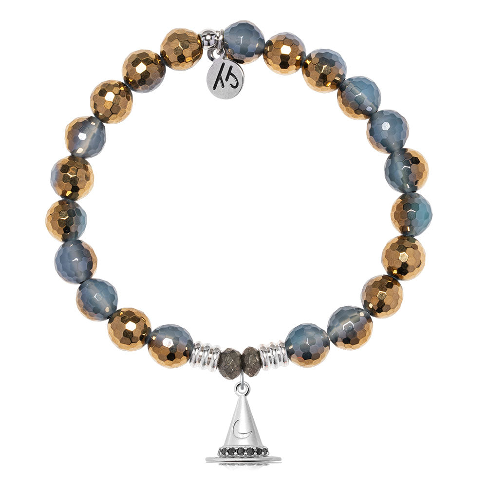 Blue Gold Agate Gemstone Bracelet with Spellbound Sterling Silver Charm