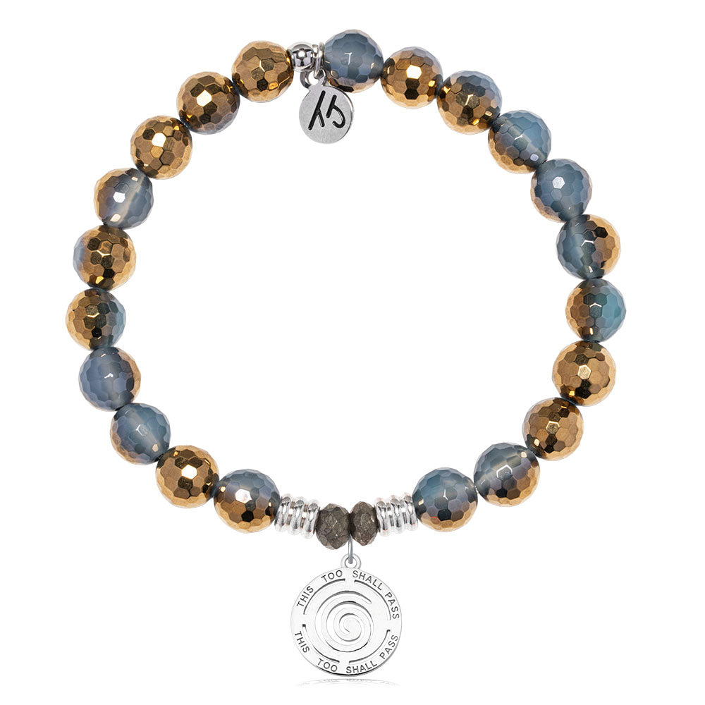 Blue Gold Agate Gemstone Bracelet with This Too Shall Pass Sterling Silver Charm