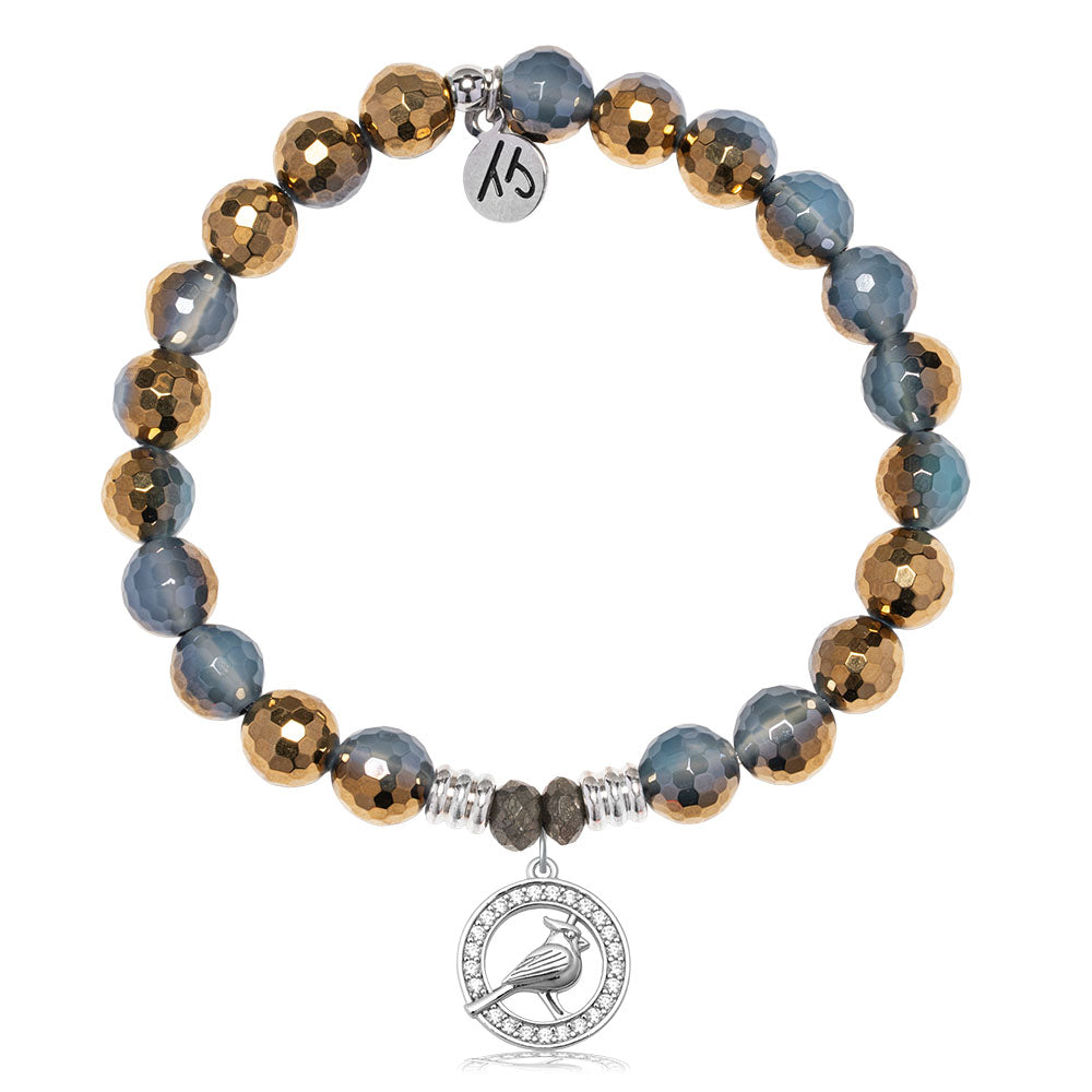 Blue Gold Agate Gemstone Bracelet with White Cardinal CZ Sterling Silver Charm