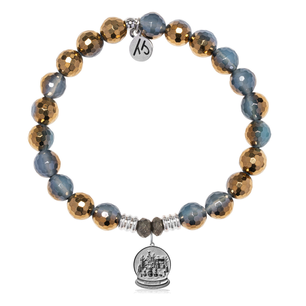 Blue Gold Agate Gemstone Bracelet with Winter Wonderland Sterling Silver Charm