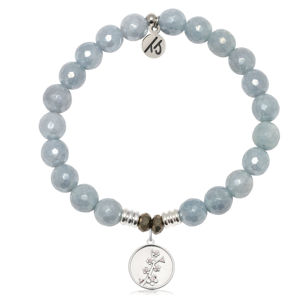 Blue Quartzite Gemstone Bracelet with Cherry Blossom Sterling Silver Charm