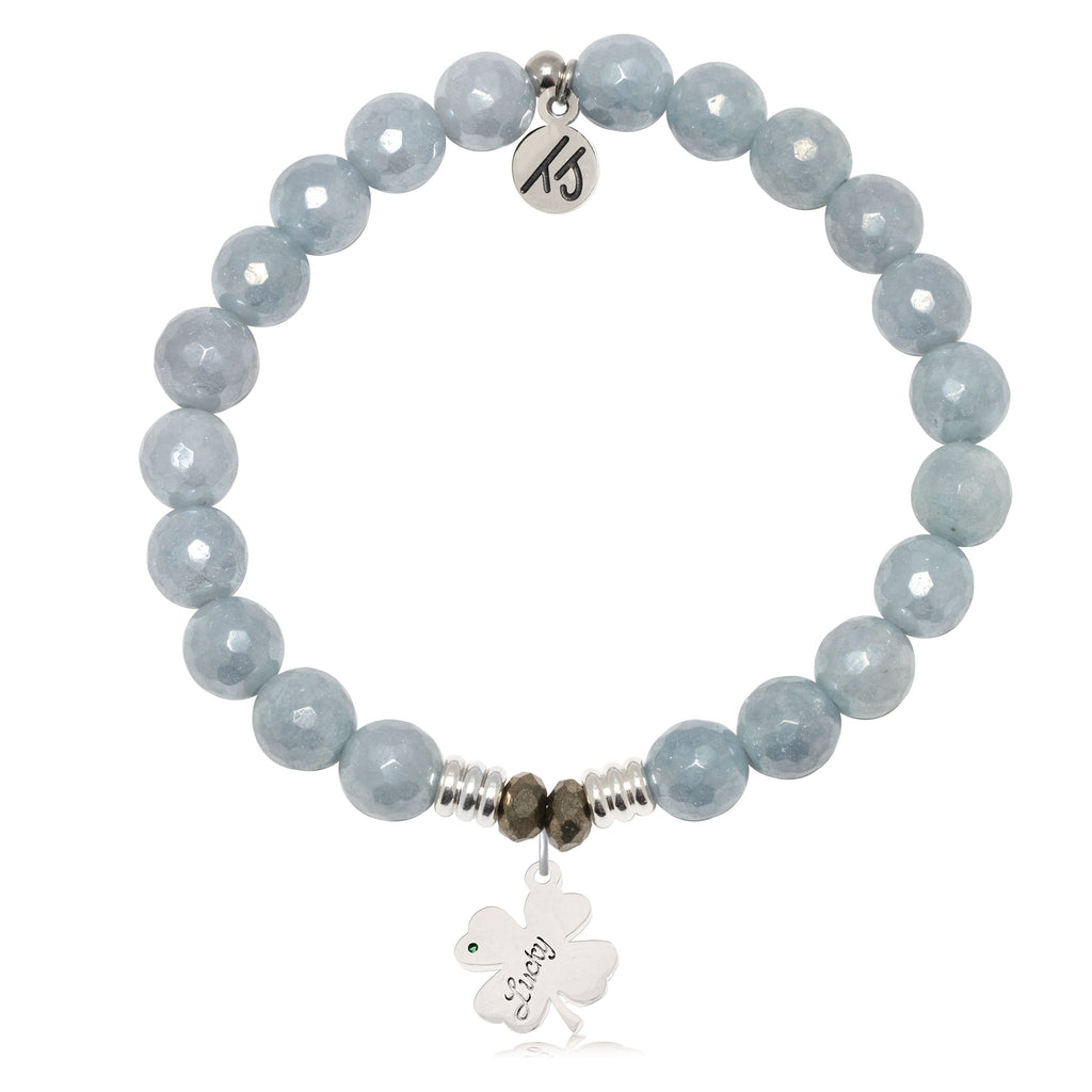 Blue Quartzite Gemstone Bracelet with Lucky Clover Sterling Silver Charm