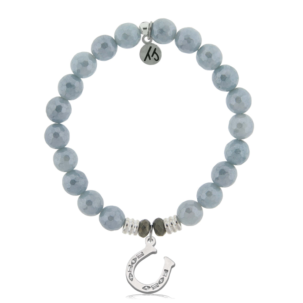 Blue Quartzite Gemstone Bracelet with Lucky Horseshoe Sterling Silver Charm