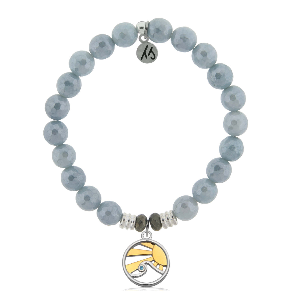 Blue Quartzite Gemstone Bracelet with Rising Sun Sterling Silver Charm