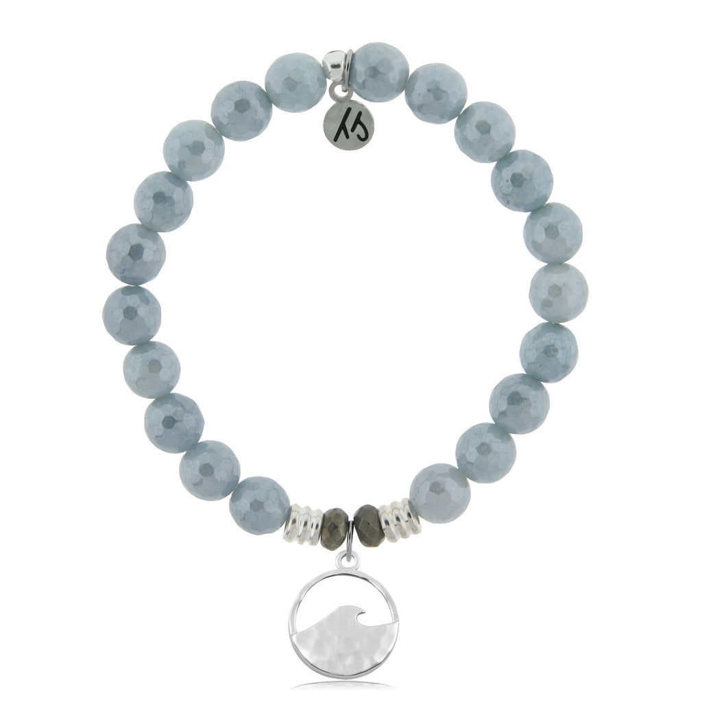 Blue Quartzite Stone Bracelet with Hammered Waves Sterling Silver Charm