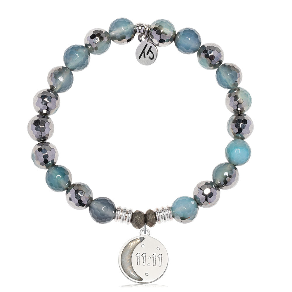 Blue Silver Agate Gemstone Bracelet with 11:11 Sterling Silver Charm