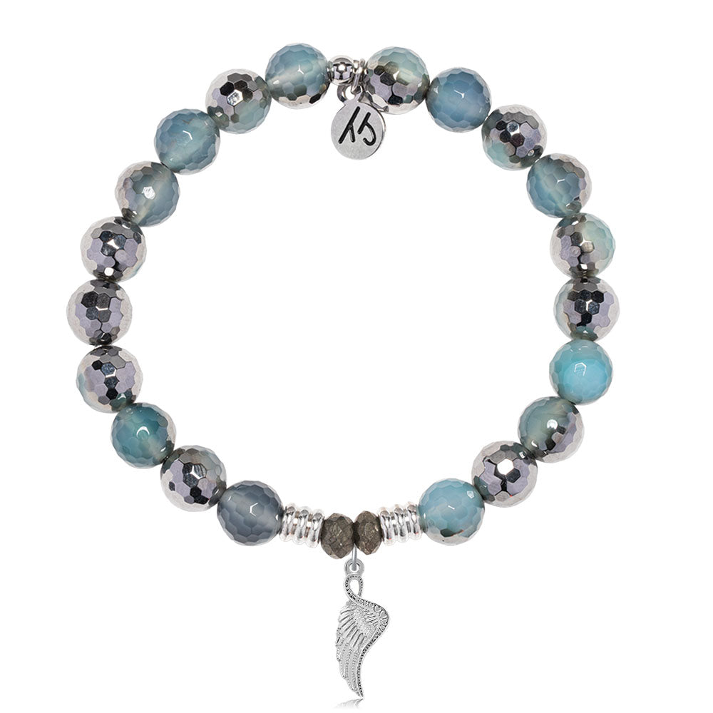 Blue Silver Agate Gemstone Bracelet with Angel Blessings Sterling Silver Charm