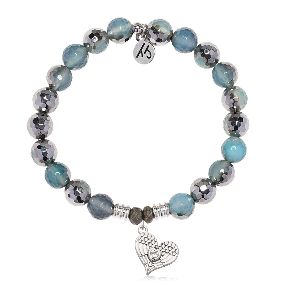 Blue Silver Agate Gemstone Bracelet with Angel Love Sterling Silver Charm