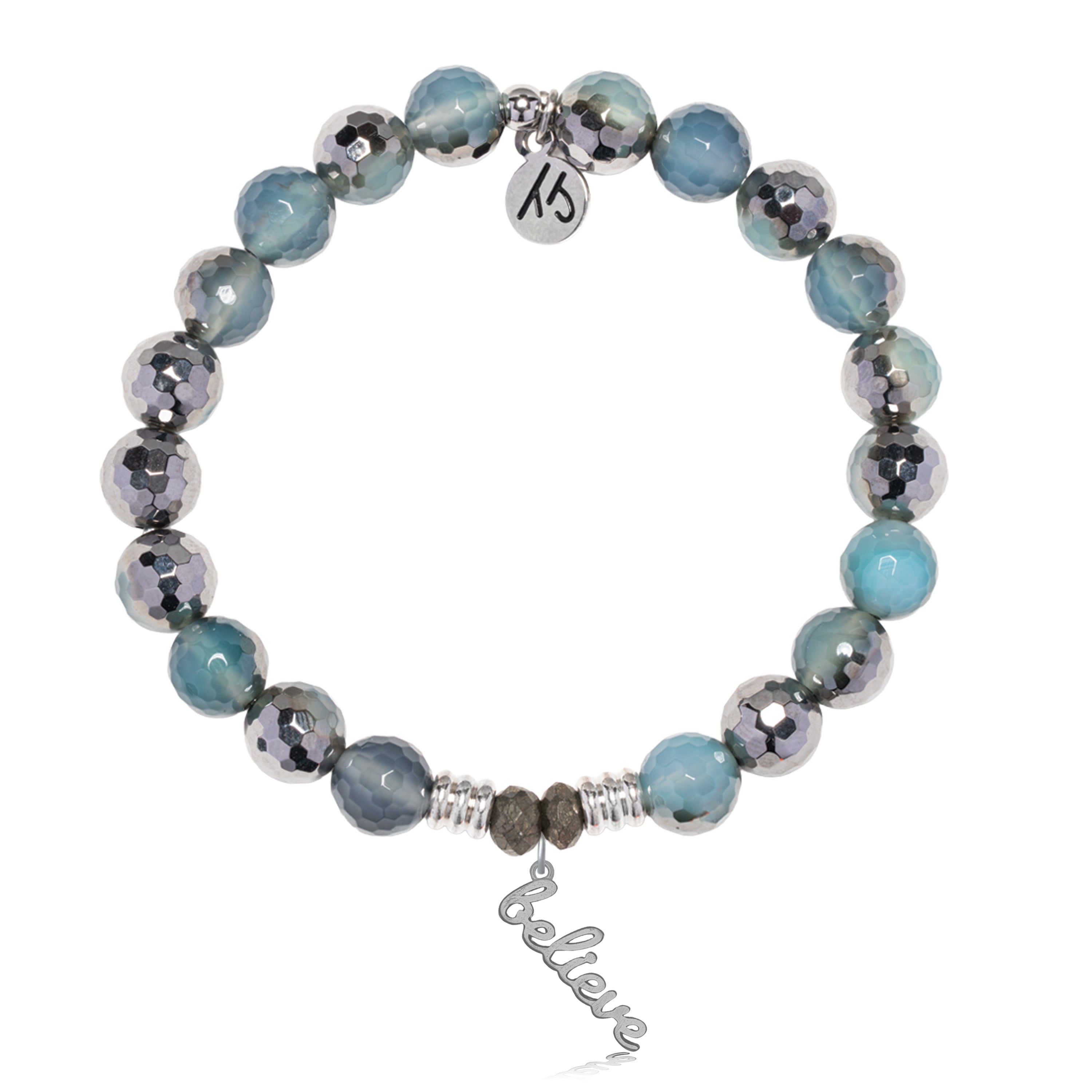 Blue Silver Agate Gemstone Bracelet with Believe in Yourself Sterling Silver Charm