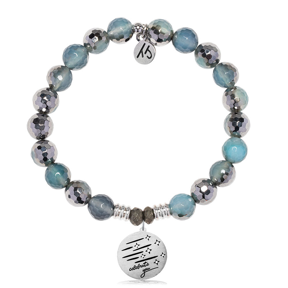 Blue Silver Agate Gemstone Bracelet with Birthday Wishes Sterling Silver Charm