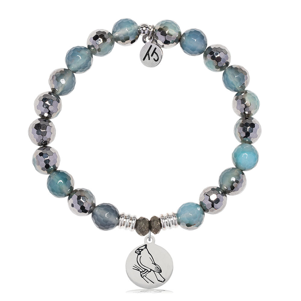 Blue Silver Agate Gemstone Bracelet with Cardinal Sterling Silver Charm