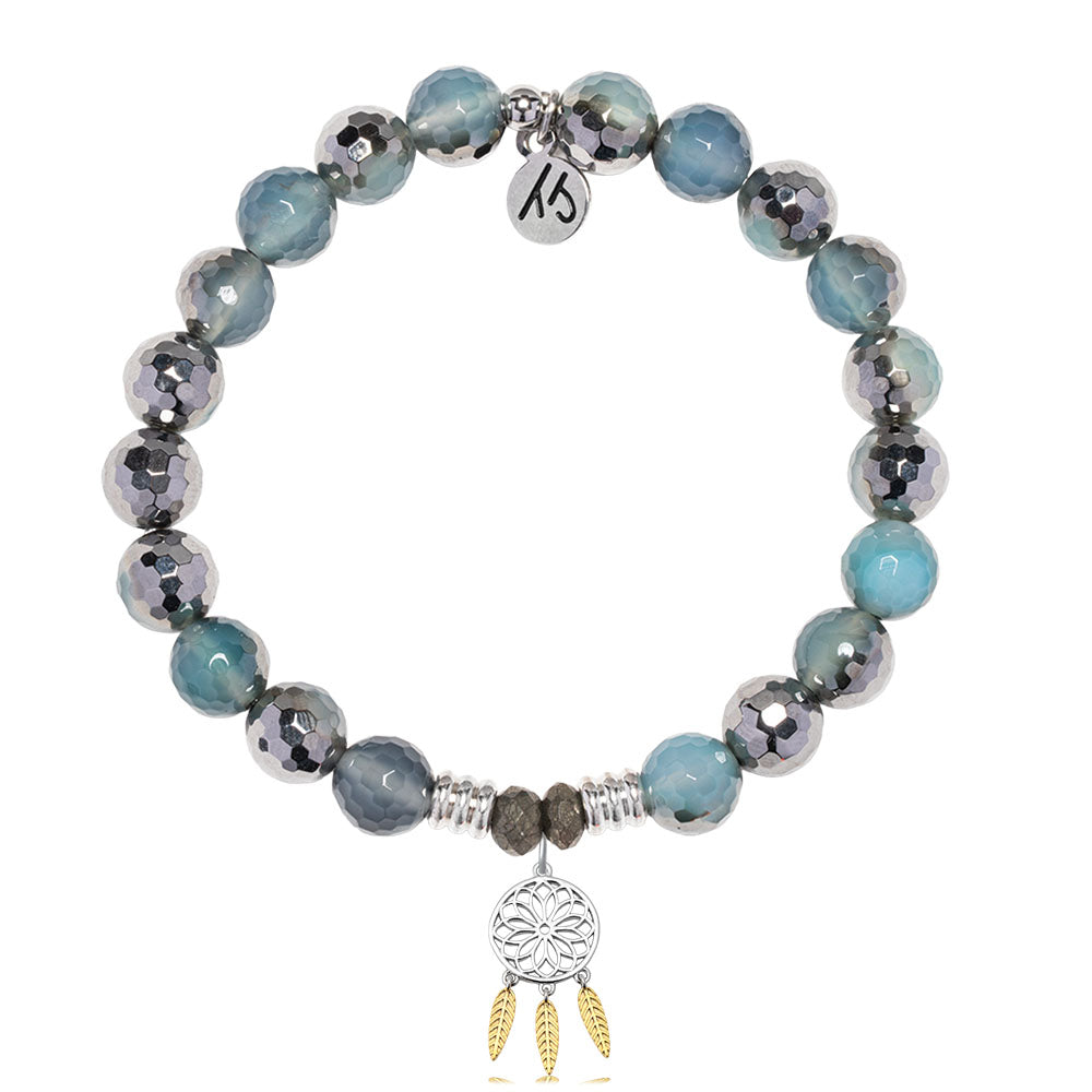 Blue Silver Agate Gemstone Bracelet with Dream Catcher Sterling Silver Charm