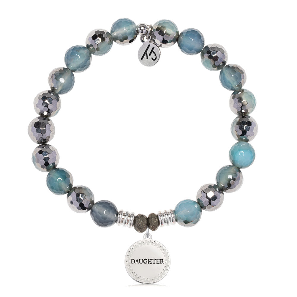 Blue Silver Agate Gemstone Bracelet with Endless Love Daughter Sterling Silver Charm