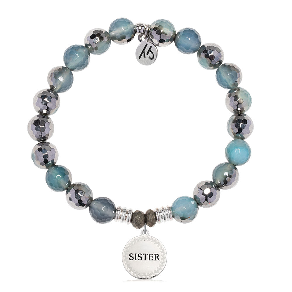 Blue Silver Agate Gemstone Bracelet with Endless Love Sister Sterling Silver Charm