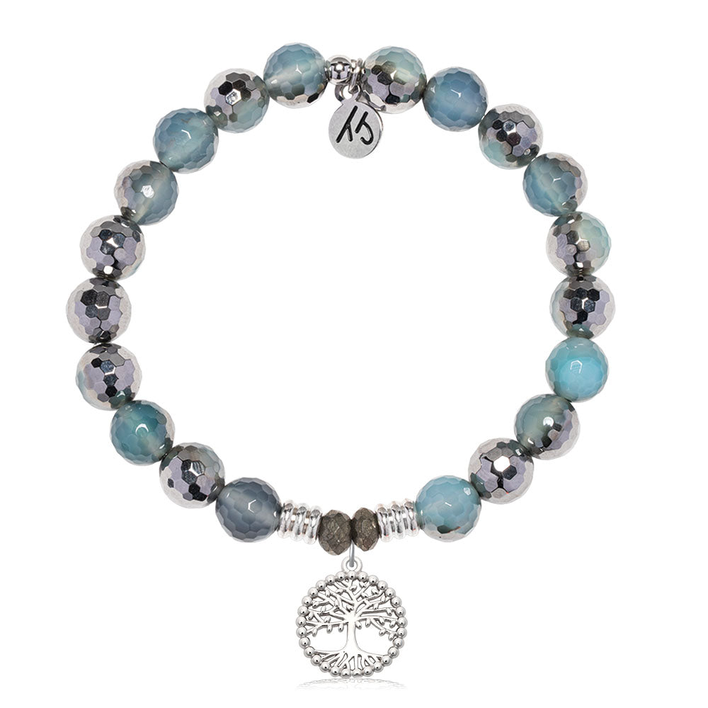 Blue Silver Agate Gemstone Bracelet with Family Tree Sterling Silver Charm