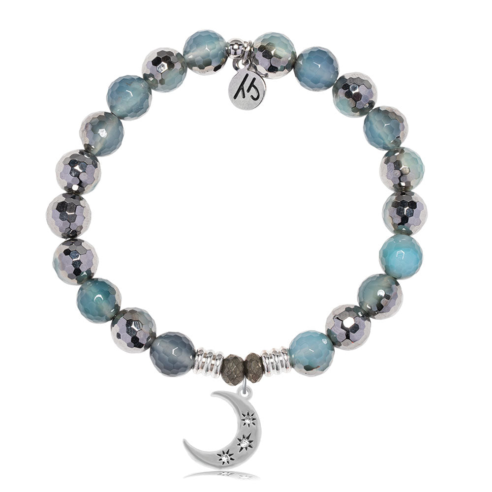Blue Silver Agate Gemstone Bracelet with Friendship Stars Sterling Silver Charm