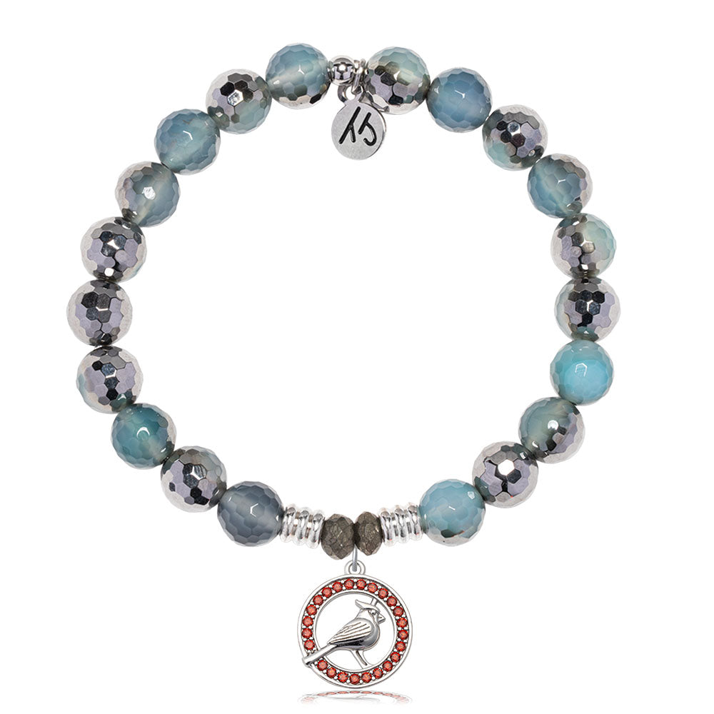 Blue Silver Agate Gemstone Bracelet with Garnet Cardinal CZ Sterling Silver Charm