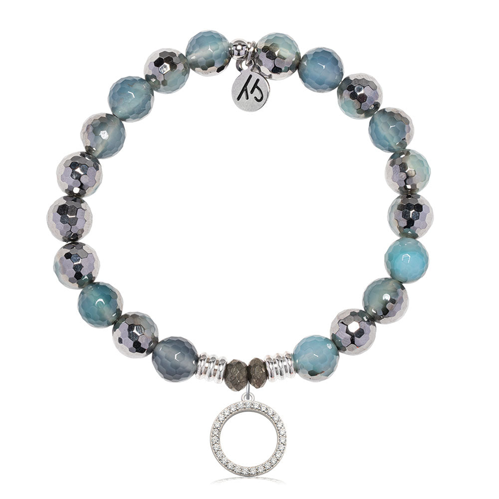 Blue Silver Agate Gemstone Bracelet with Good Karma Sterling Silver Charm