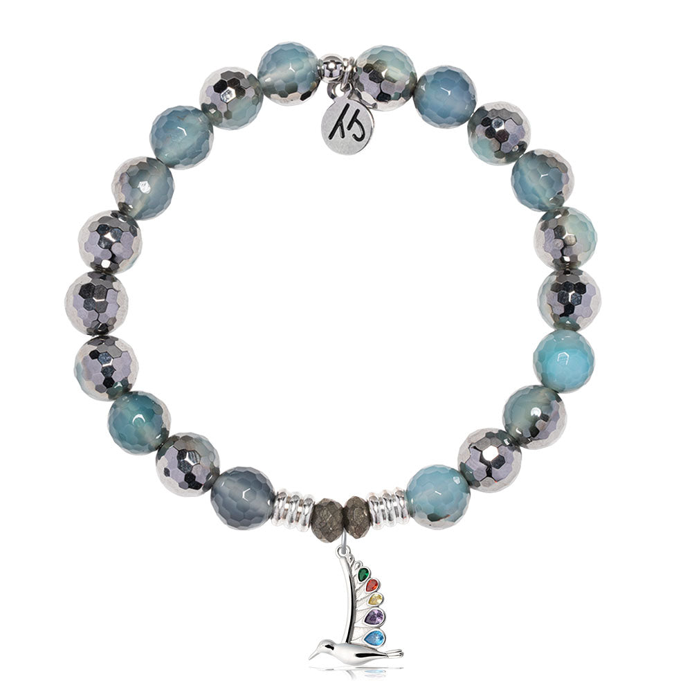 Blue Silver Agate Gemstone Bracelet with Hummingbird Sterling Silver Charm