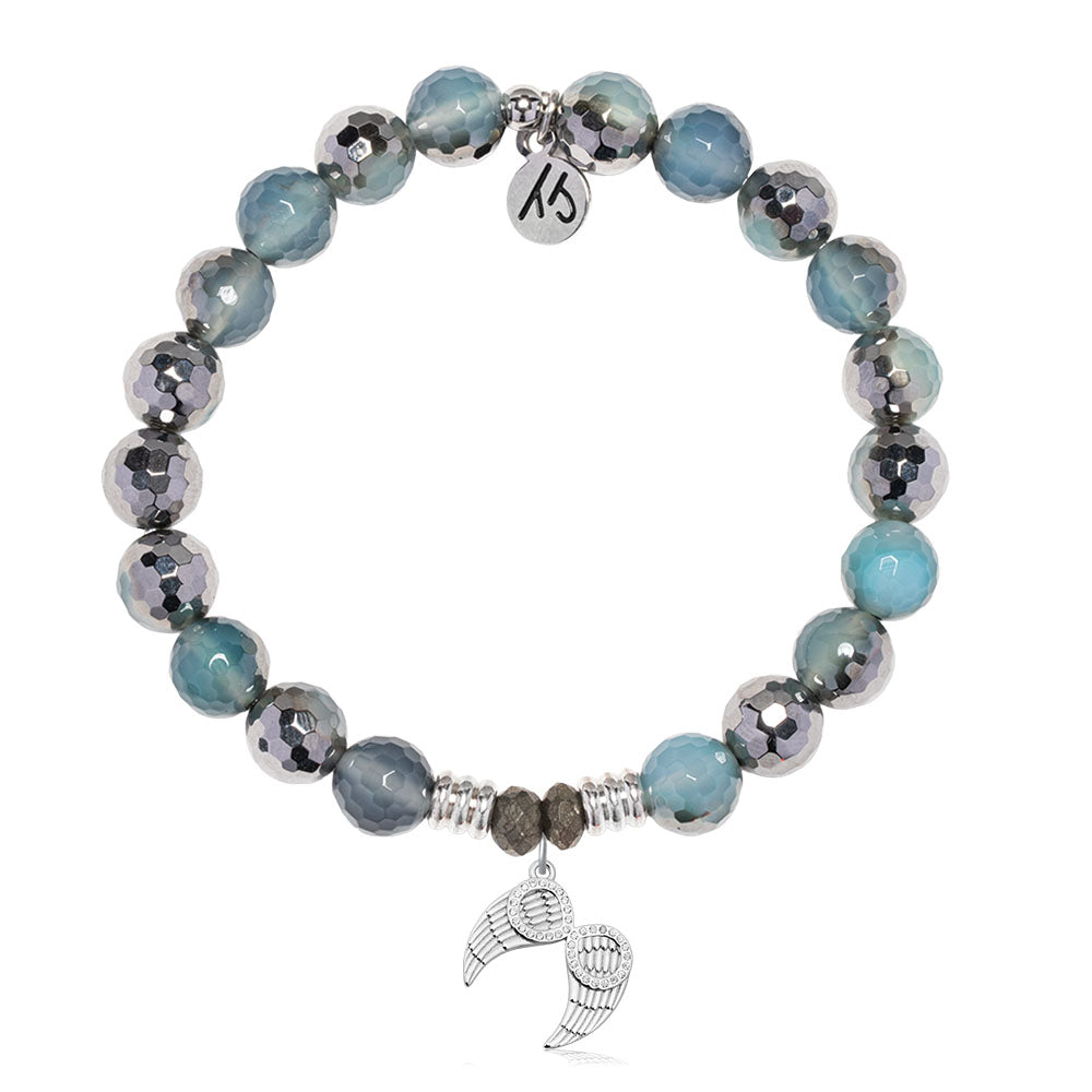 Blue Silver Agate Gemstone Bracelet with Infinite Protection Sterling Silver Charm