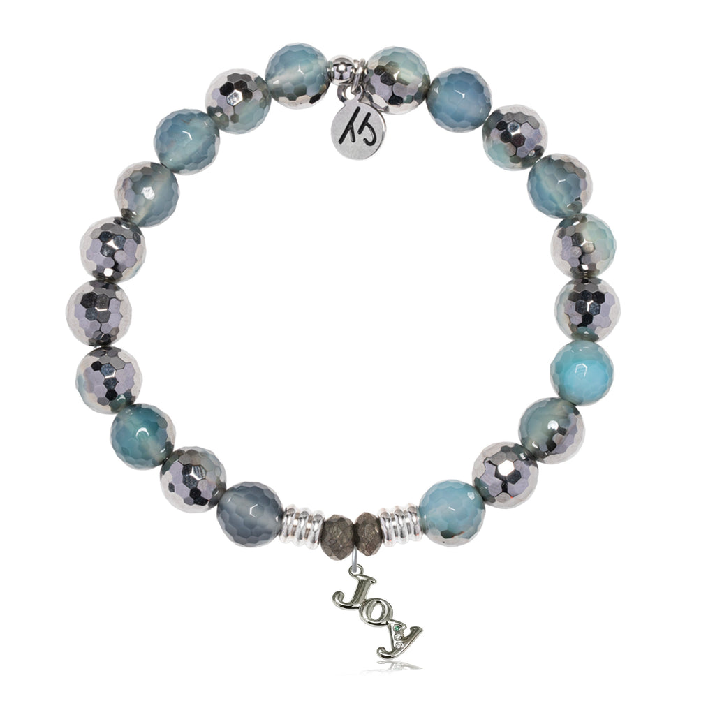 Blue Silver Agate Gemstone Bracelet with Joy Sterling Silver Charm