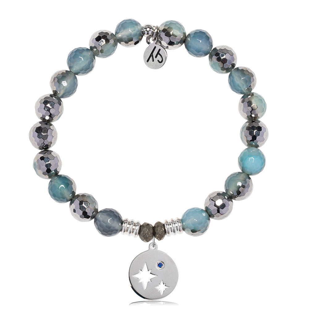Blue Silver Agate Gemstone Bracelet with Mother Son Sterling Silver Charm