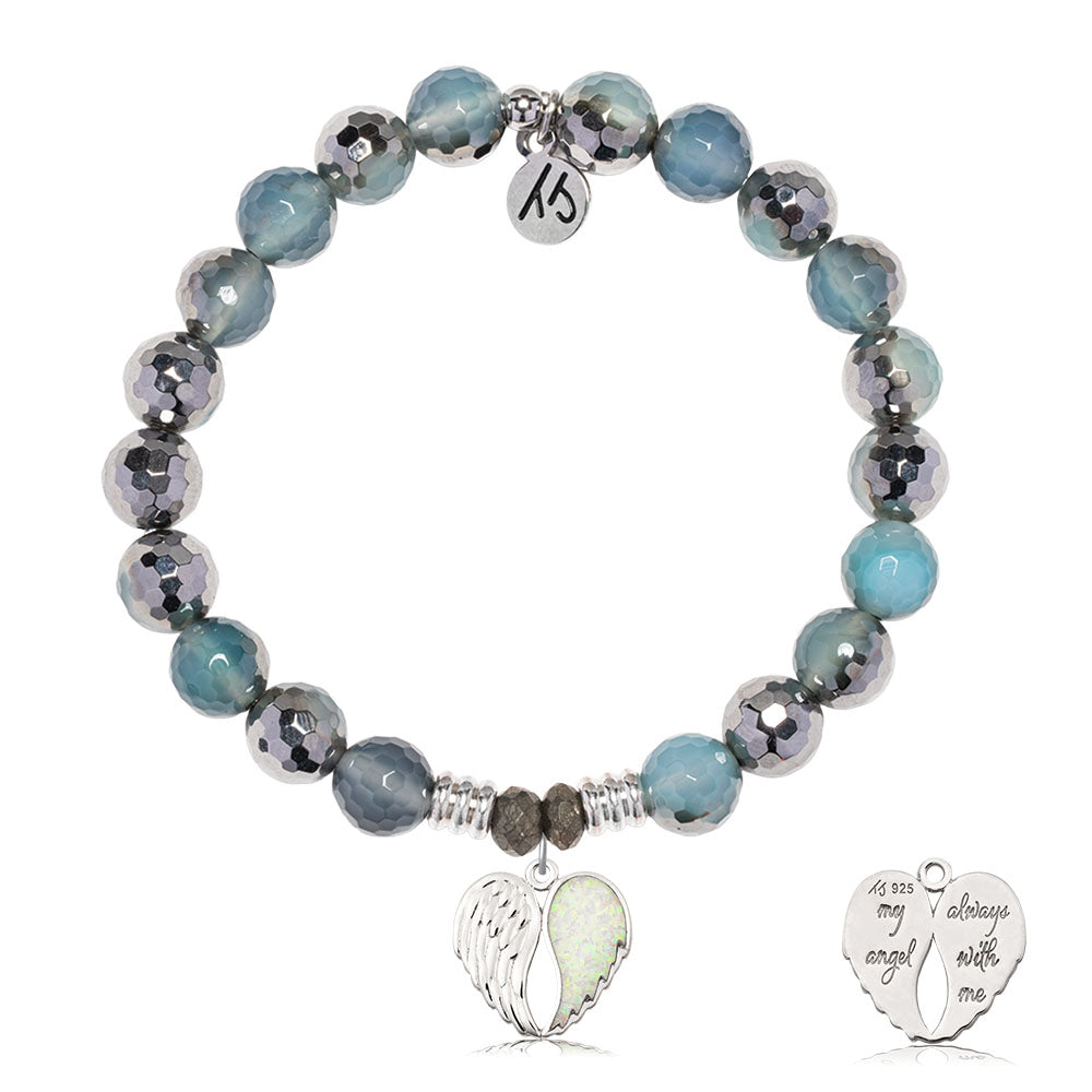 Blue Silver Agate Gemstone Bracelet with My Angel Sterling Silver Charm
