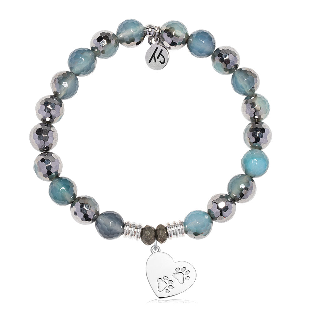 Blue Silver Agate Gemstone Bracelet with Paws of Love Sterling Silver Charm