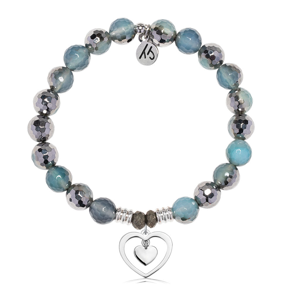 Blue Silver Agate Gemstone Bracelet with Piece of My Heart Sterling Silver Charm