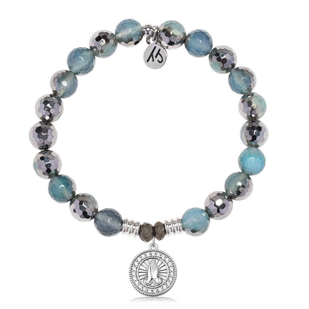 Blue Silver Agate Gemstone Bracelet with Prayers CZ Sterling Silver Charm