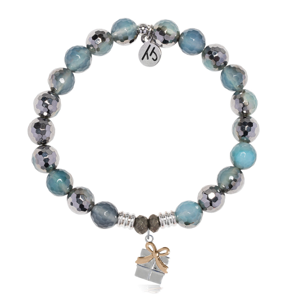 Blue Silver Agate Gemstone Bracelet with Present Sterling Silver Charm