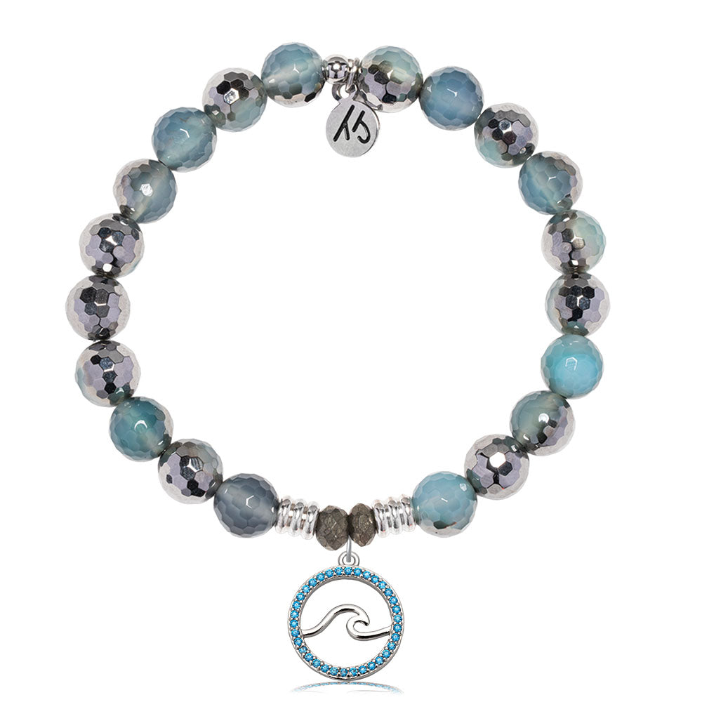 Blue Silver Agate Gemstone Bracelet with Serenity Wave Sterling Silver Charm