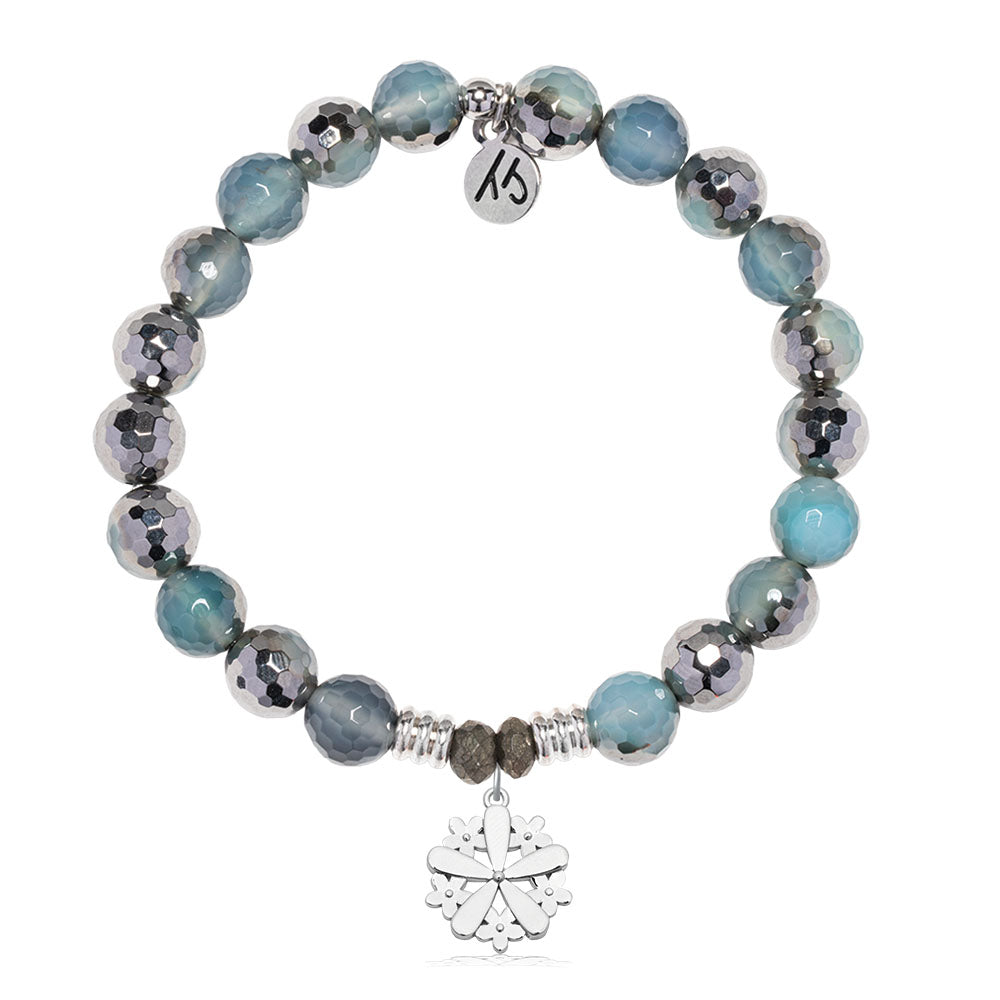 Blue Silver Agate Gemstone Bracelet with Thank You Flower Sterling Silver Charm