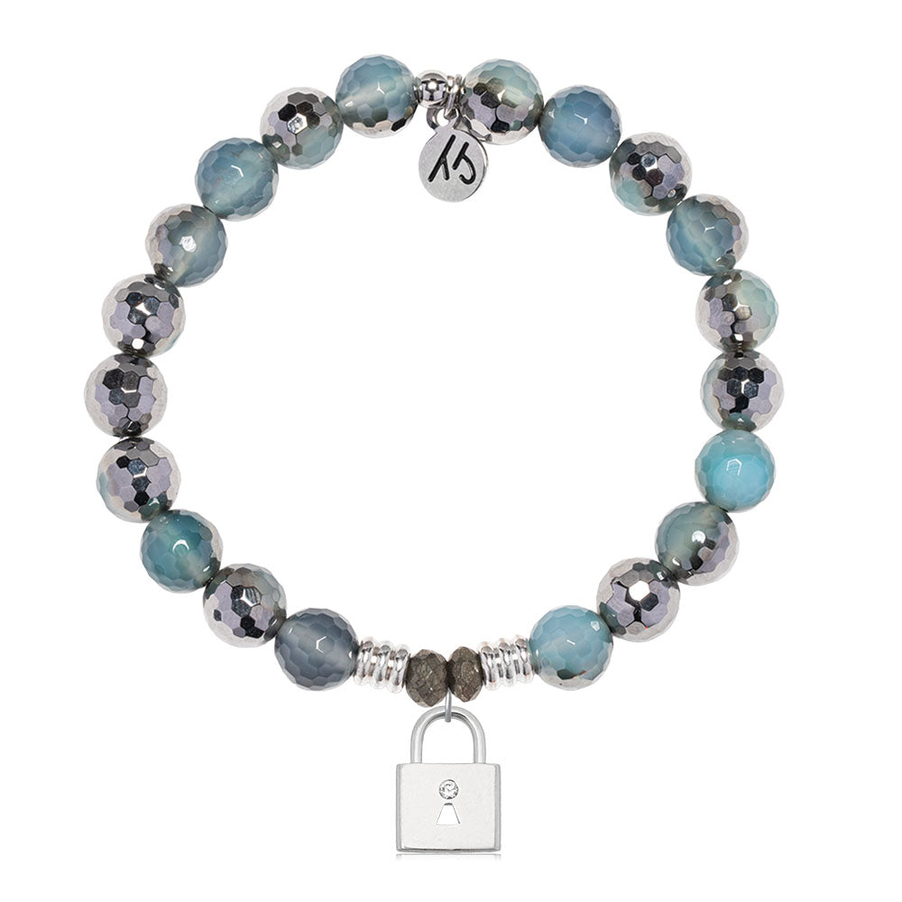 Blue Silver Agate Gemstone Bracelet with Unbreakable Friendship Sterling Silver Charm