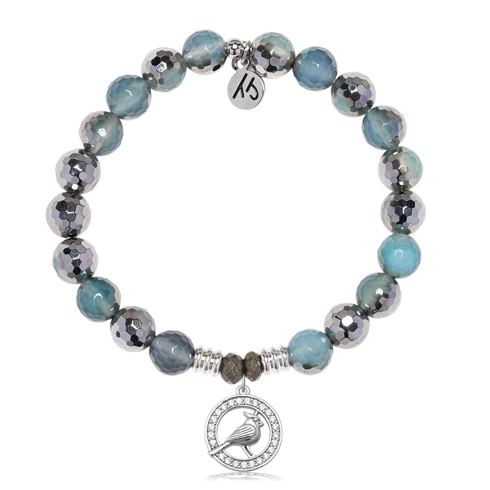 Blue Silver Agate Gemstone Bracelet with White Cardinal CZ Sterling Silver Charm