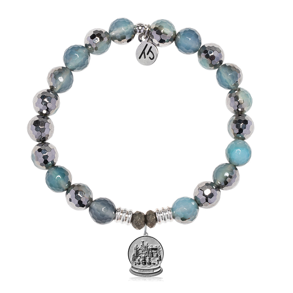 Blue Silver Agate Gemstone Bracelet with Winter Wonderland Sterling Silver Charm
