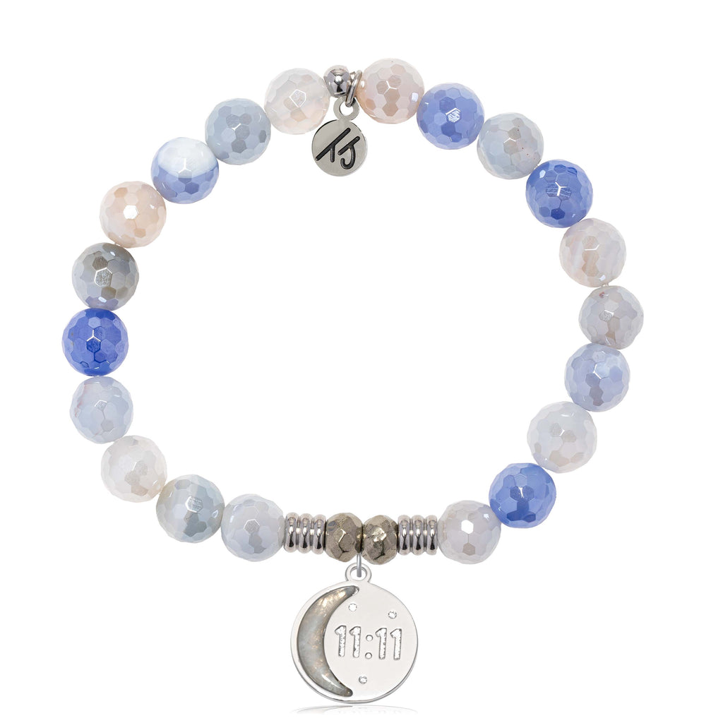 Blue Sparkle Agate Gemstone Bracelet with 11:11 Sterling Silver Charm