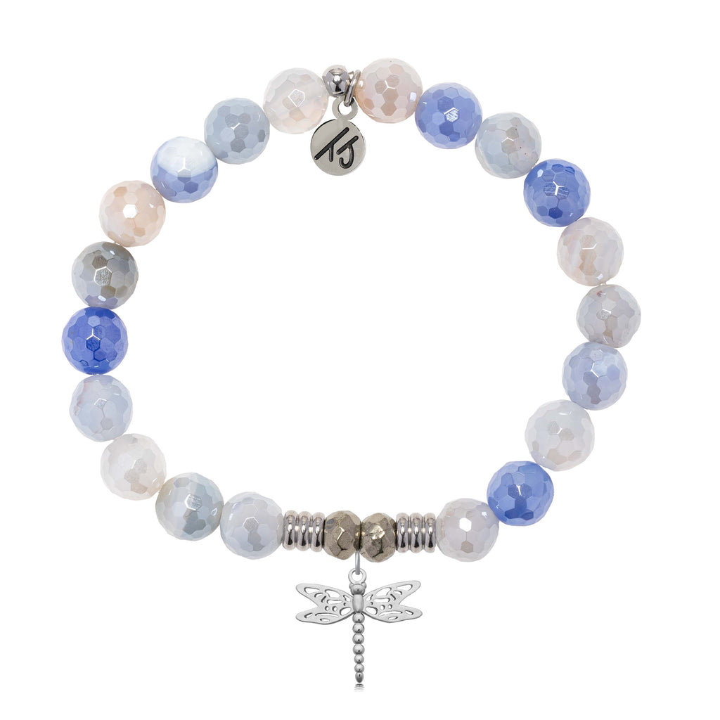 Blue Sparkle Agate Gemstone Bracelet with Dragonfly Sterling Silver Charm