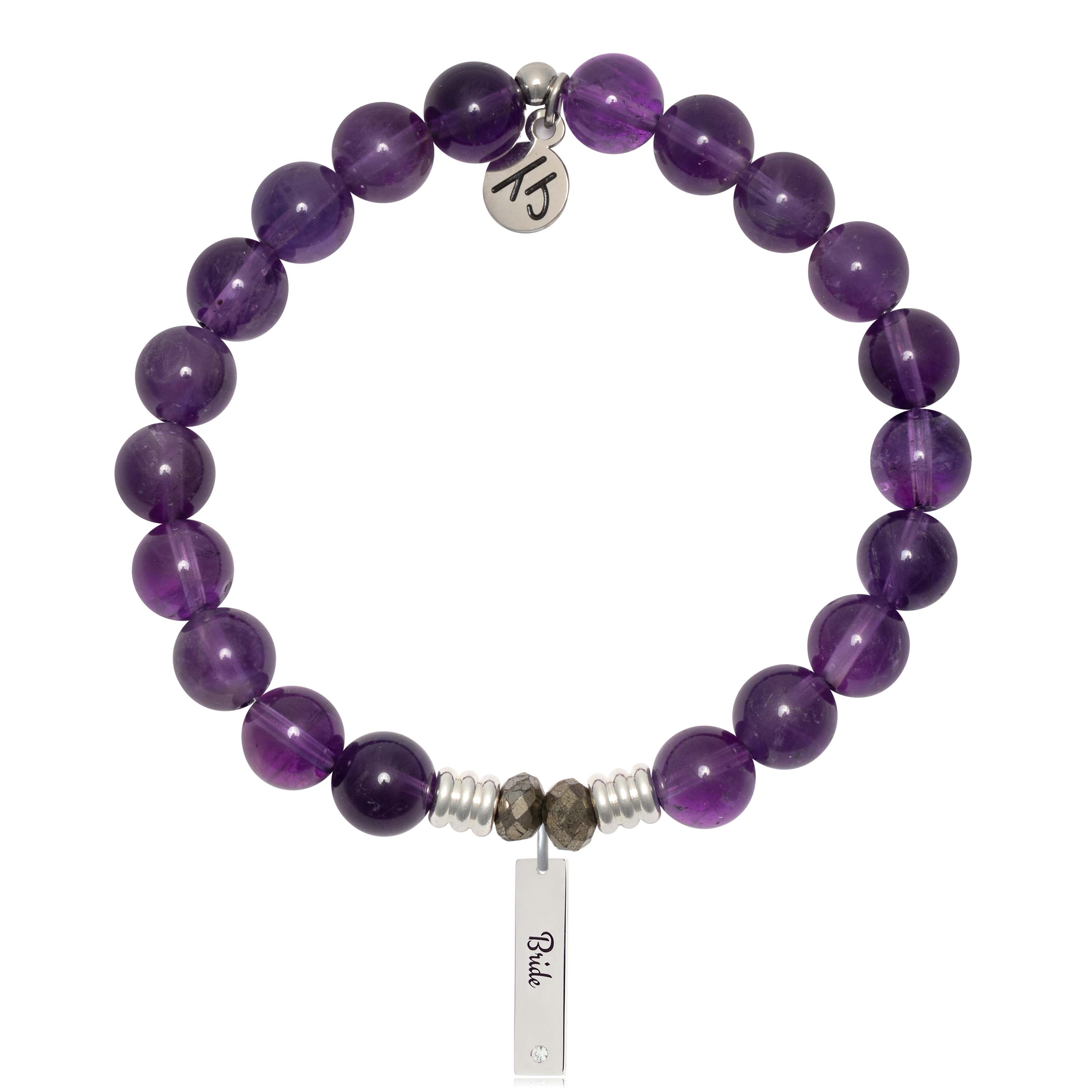 Bridal Collection: Amethyst Gemstone Bracelet with Bride Sterling Silver Charm Bar