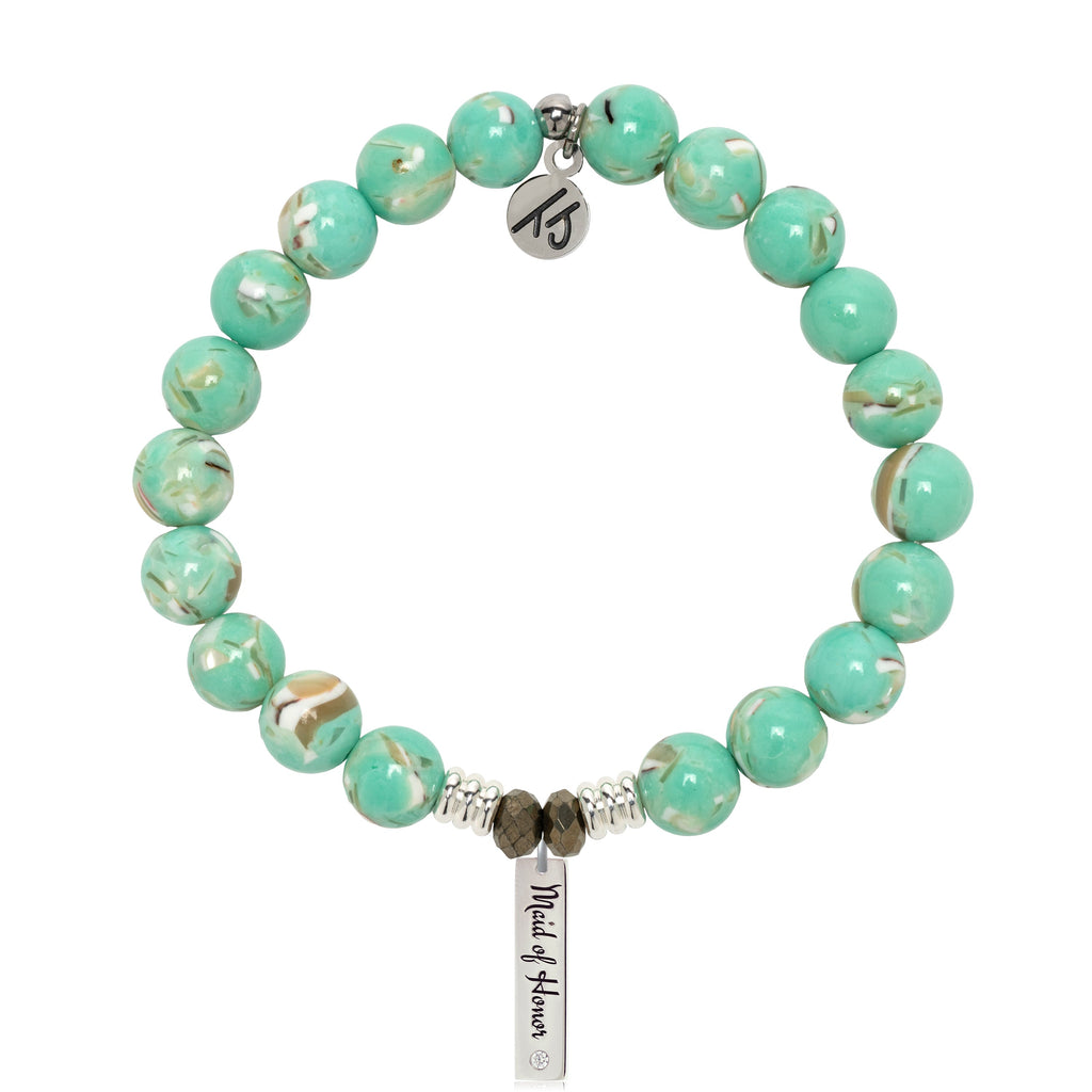 Bridal Collection: Light Green Shell Gemstone Bracelet with Maid of Honor Sterling Silver Charm Bar