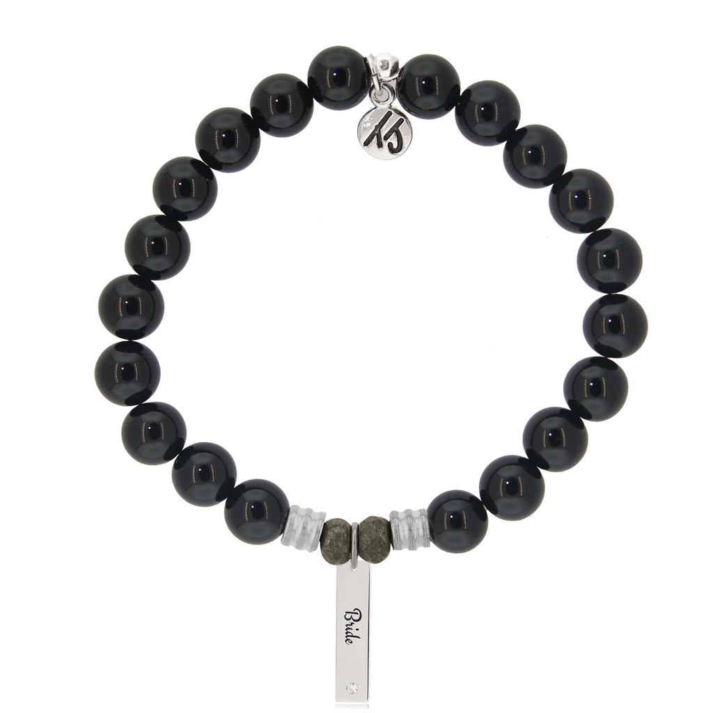 Bridal Collection: Onyx Stone Bracelet with Bride Sterling Silver Charm Bar