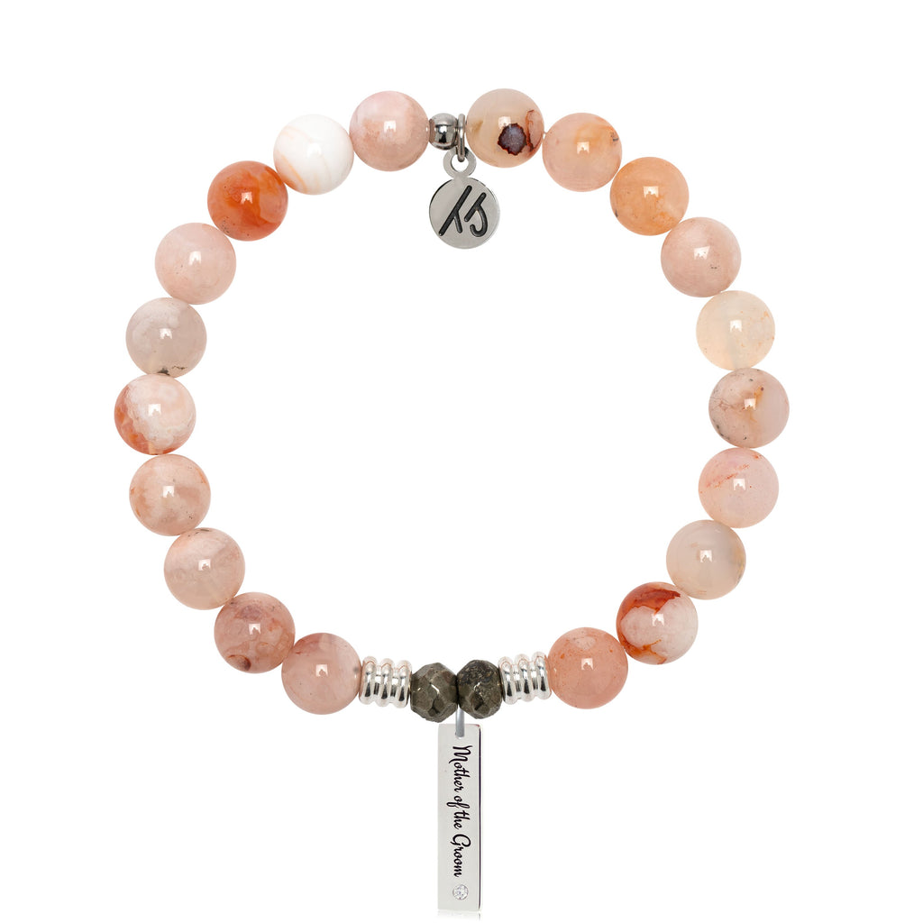 Bridal Collection: Sakura Agate Gemstone Bracelet with Mother of The Groom Sterling Silver Charm Bar