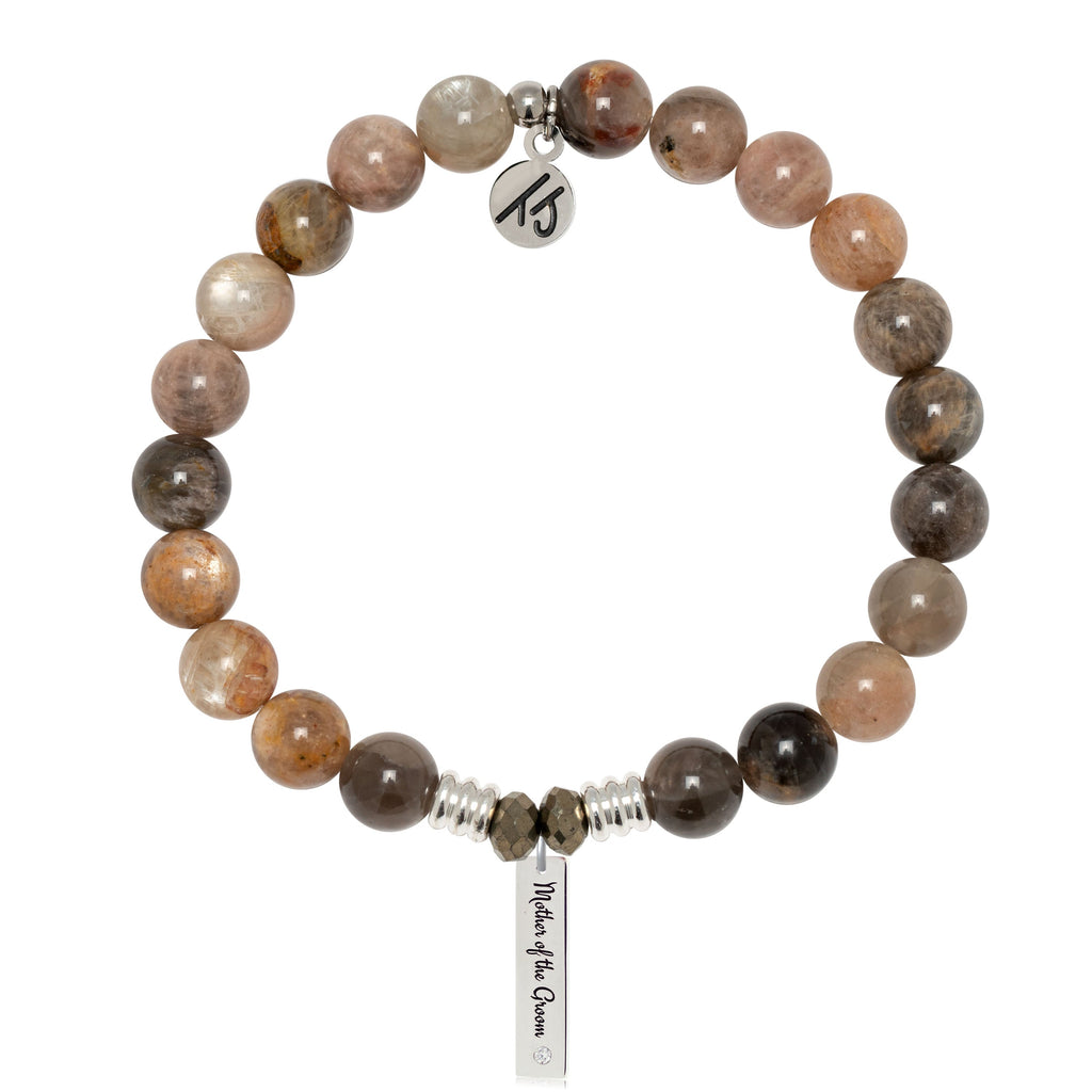 Bridal Collection: Sand Moonstone Gemstone Bracelet with Mother of the Groom Sterling Silver Charm Bar
