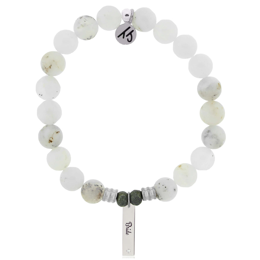 Bridal Collection: White Chalcedony Stone Bracelet with Bride Sterling Silver Charm Bar