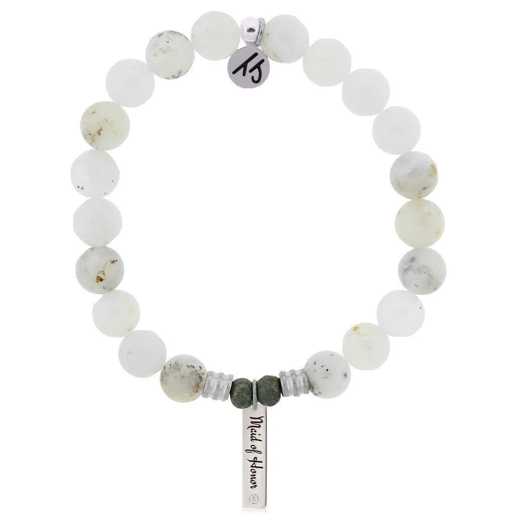 Bridal Collection: White Chalcedony Stone Bracelet with Maid of Honor Sterling Silver Charm Bar