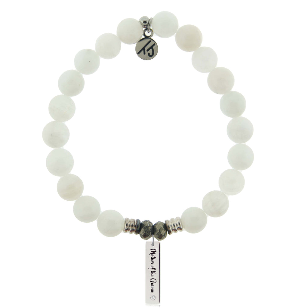 Bridal Collection: White Moonstone Stone Bracelet with Mother of the Groom Sterling Silver Charm Bar