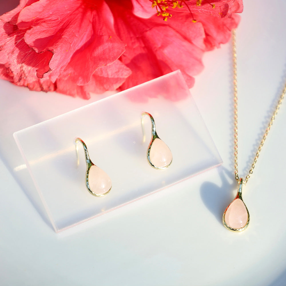 Bundle Gemstone Collection: Rose Quartz Stone Charm Necklace & Earrings